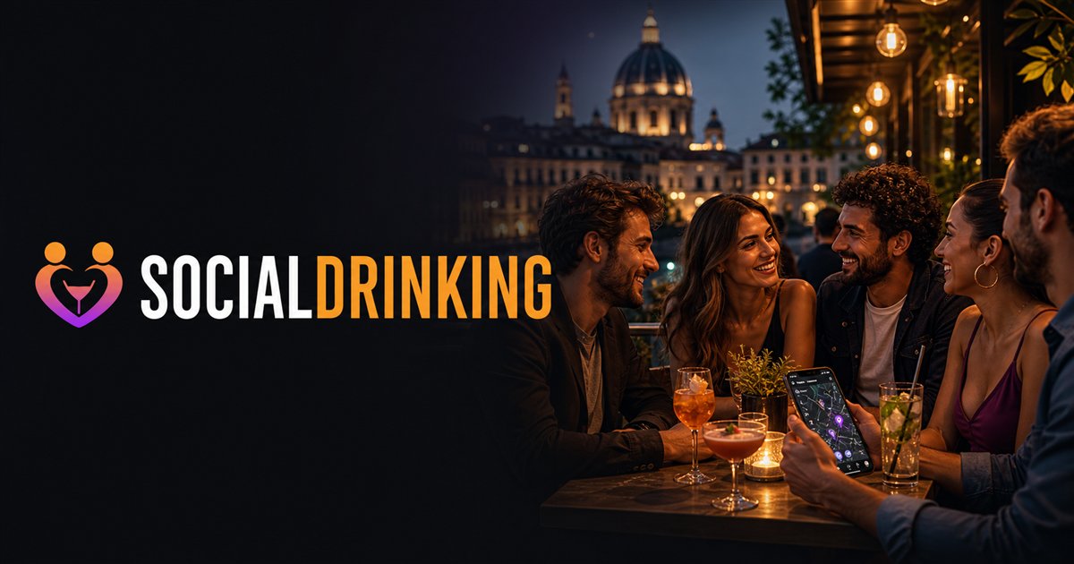 Un gruppo di adulti socializza in un locale usando SocialDrinking